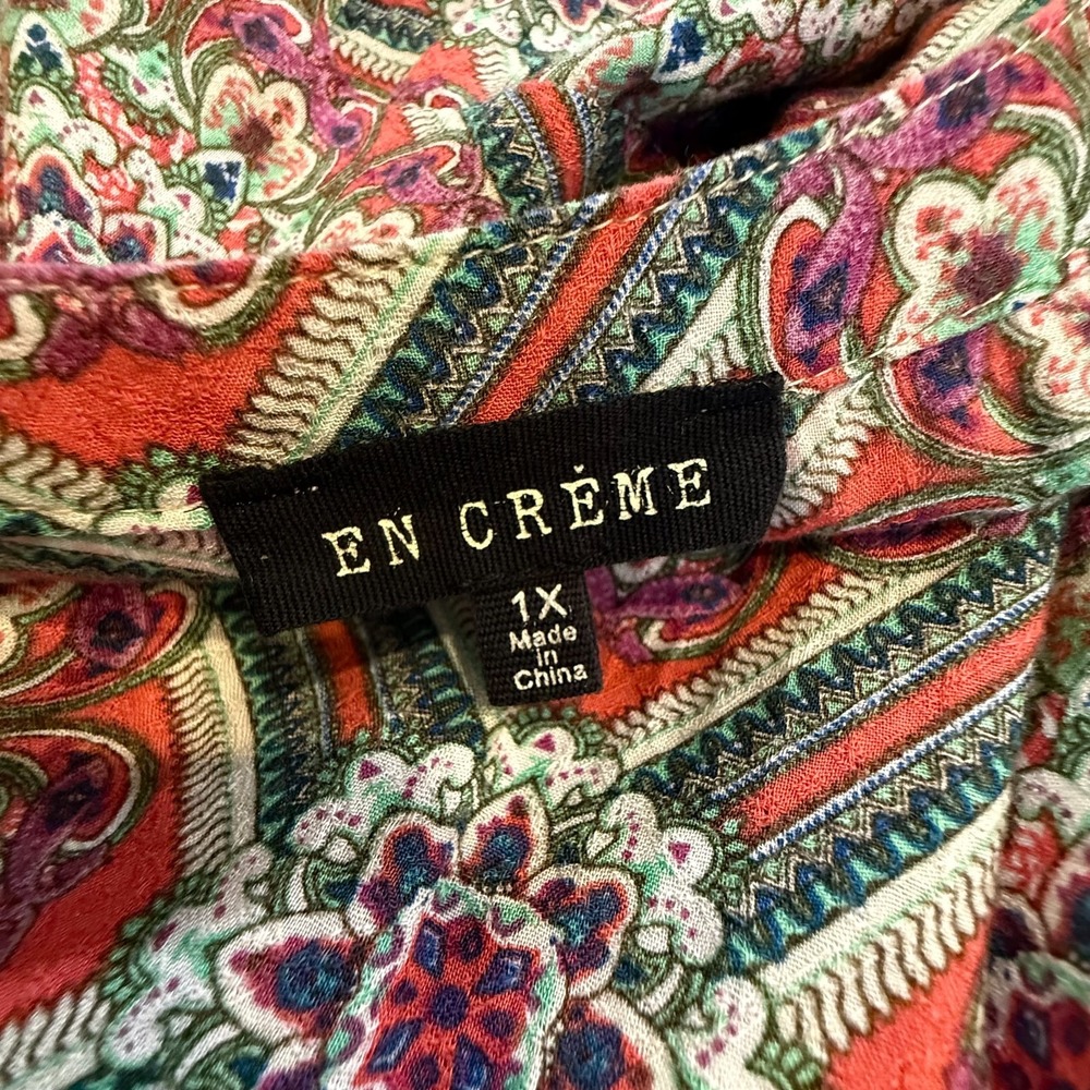 En Creme 1X Boho Paisley Print Shift Dress Pink Green Long Sleeve Plus Size - Picture 8 of 10
